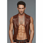 Men’s Brown Faux Leather Biker Vest Sleeveless Jacket