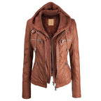 Women’s Brown Faux Leather Zip Up Jacket with Hood