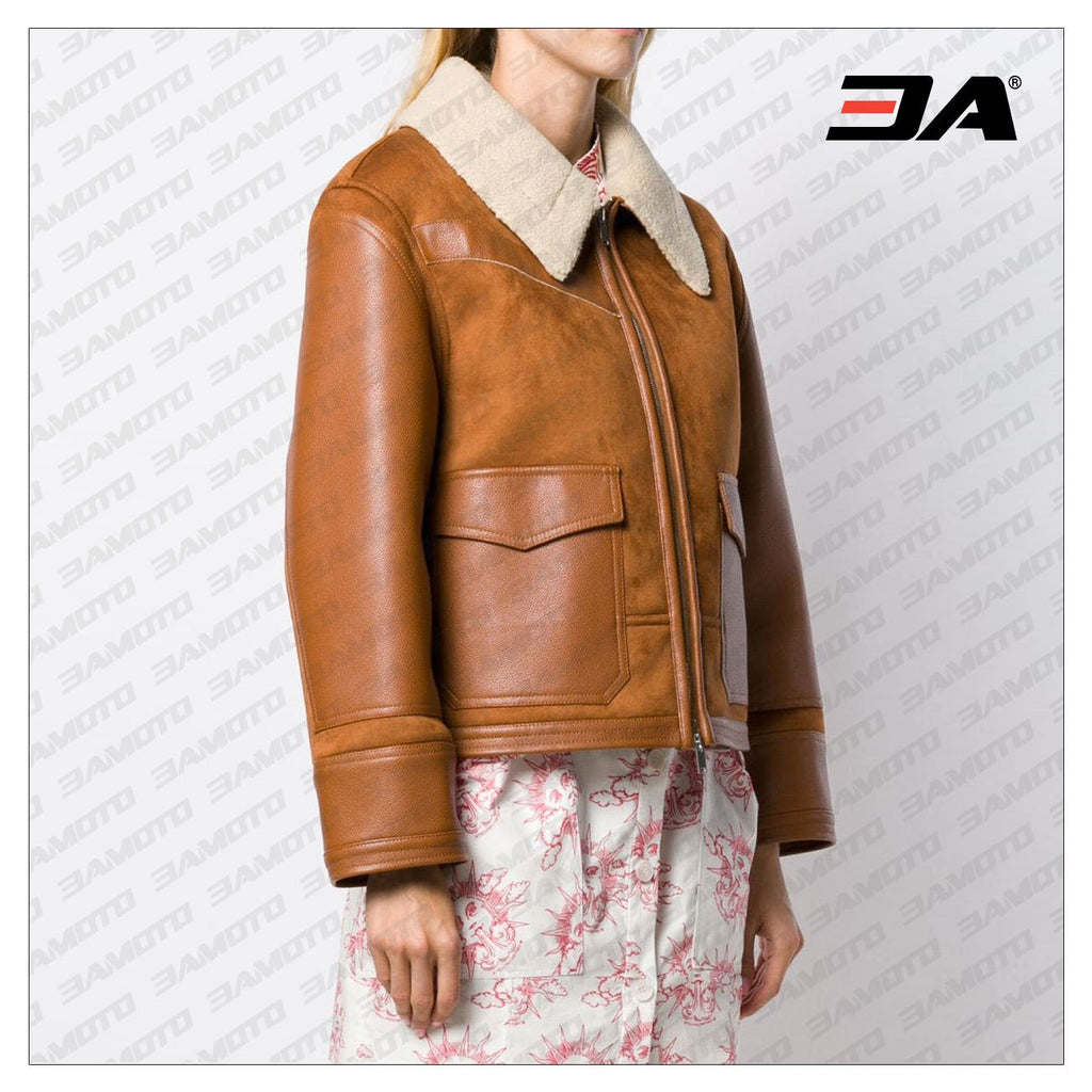 Brown Faux Leather Shearling Trimmed Fur Jacket