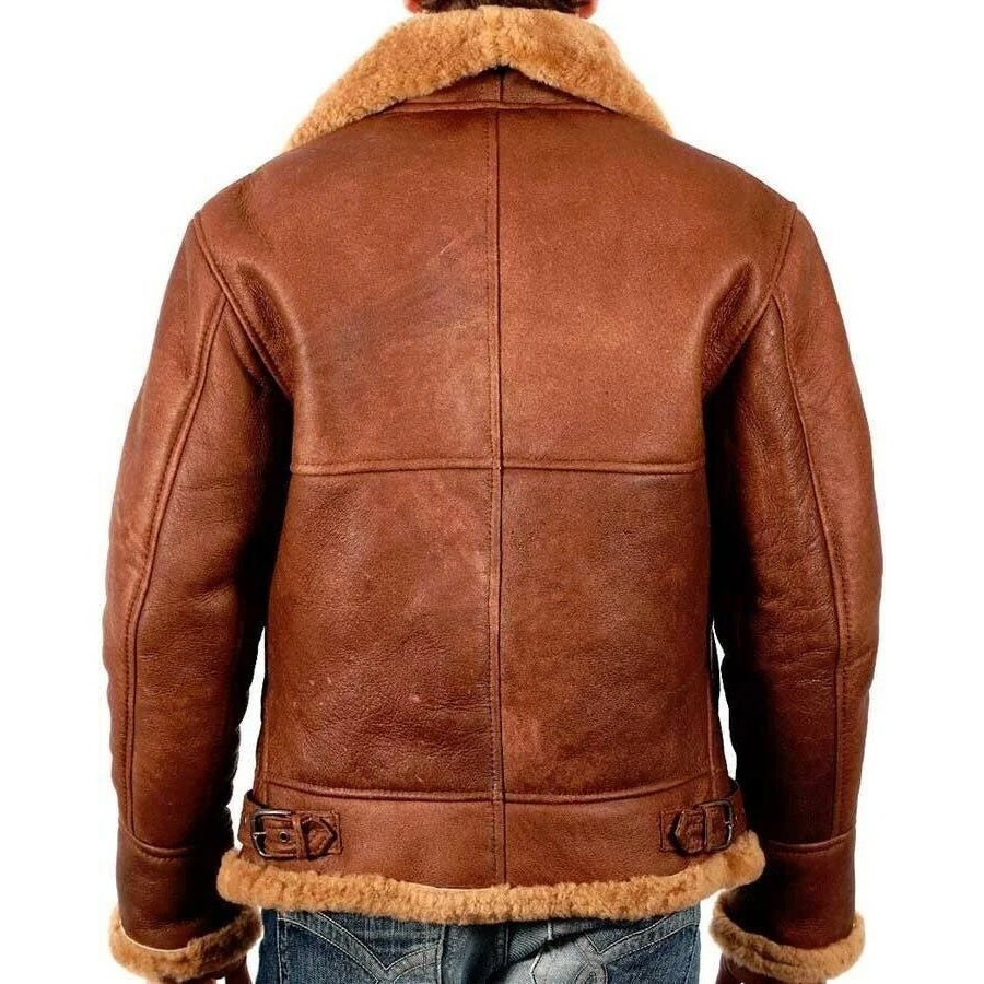Men's Brown B3 Aviator Sheepskin WW2 Bomber Leather Pilot Jacket