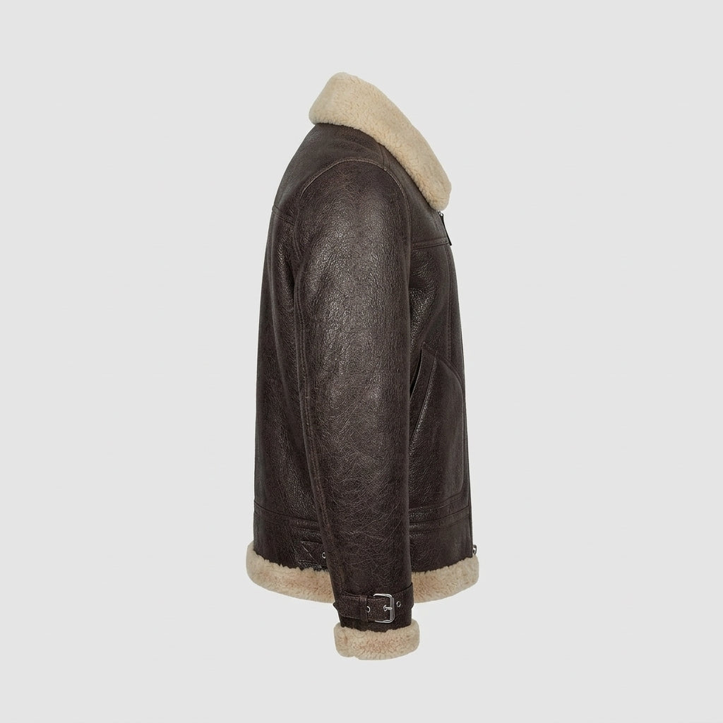 Brown Aviator Leather Jacket with Shearling Collar