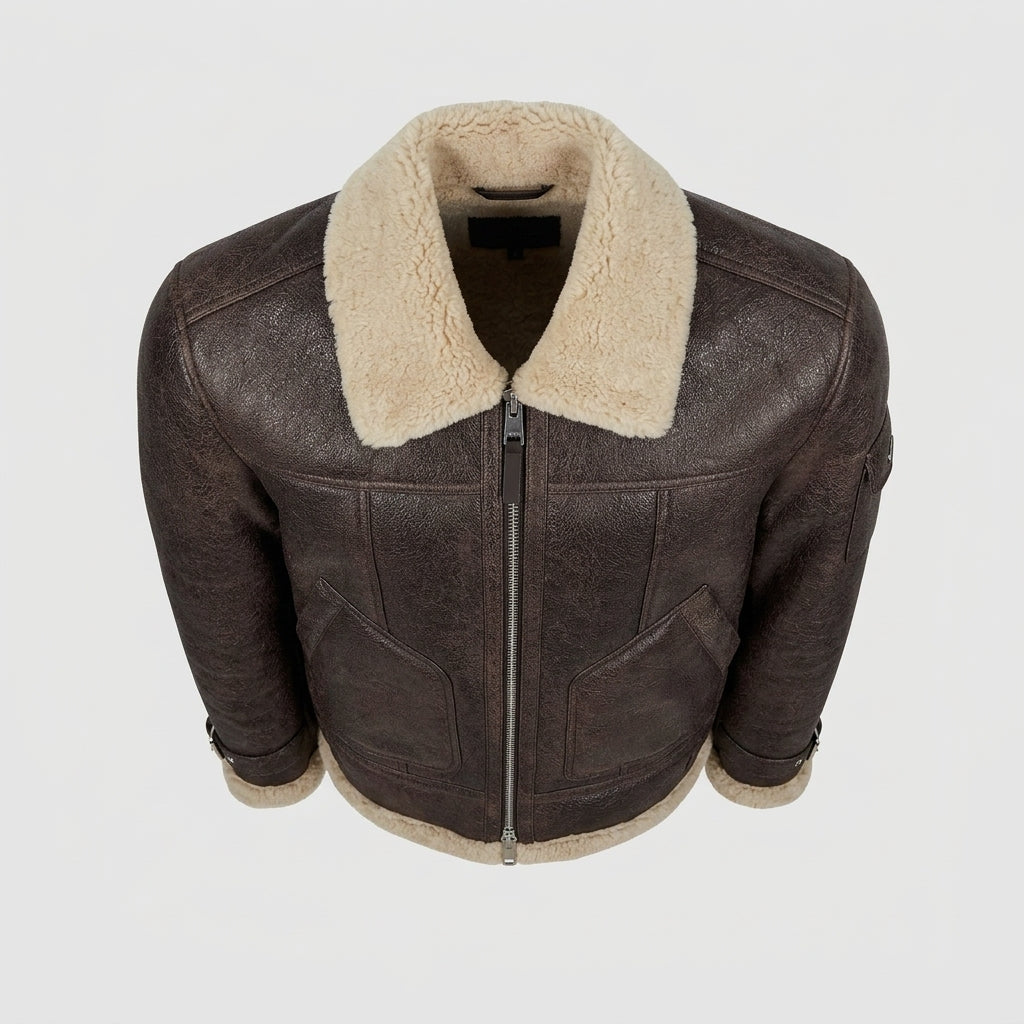Brown Aviator Leather Jacket with Shearling Collar