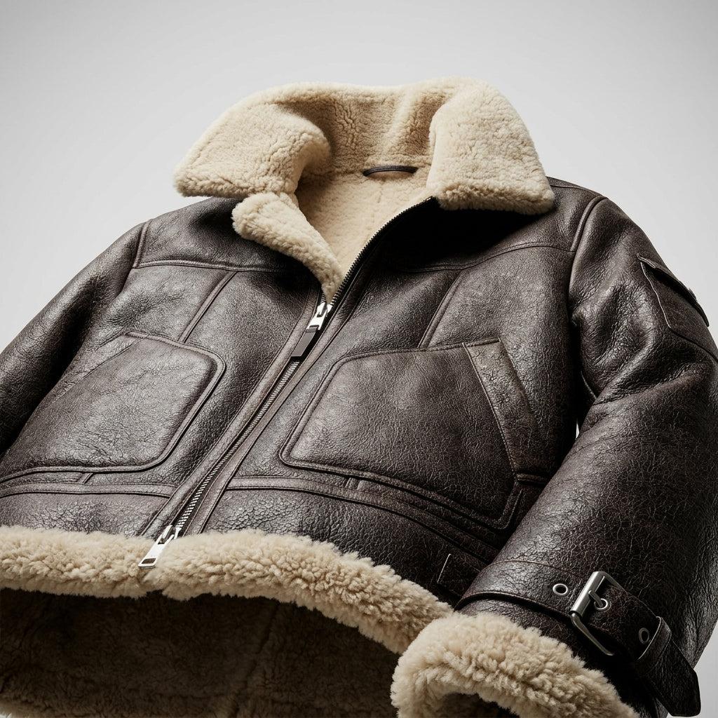 Brown Aviator Leather Jacket with Shearling Collar