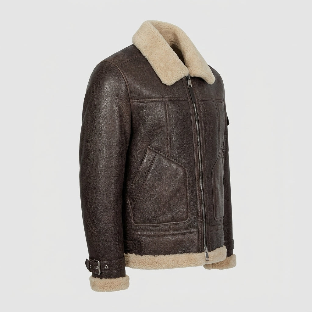 Brown Aviator Leather Jacket with Shearling Collar