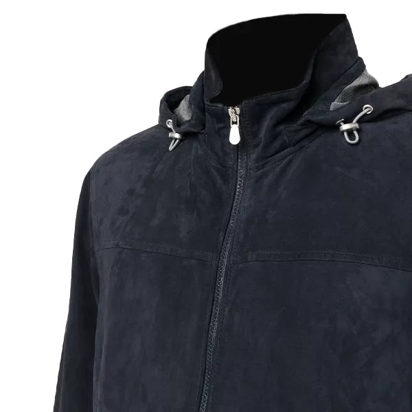 Mens Navy Blue Suede Leather Jacket With Hood