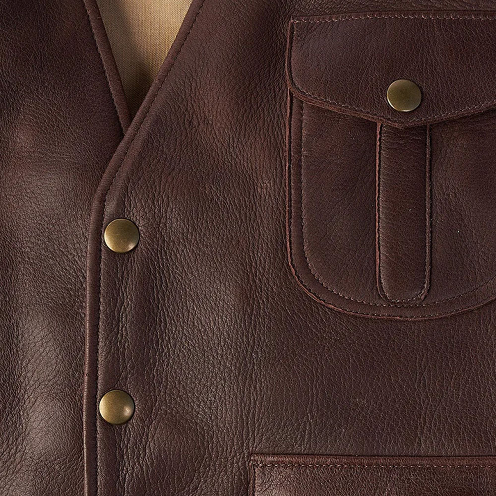 Men's Brown Multi-Pocket Buckskin Vest | Rugged Leather Tactical Utility Waistcoat