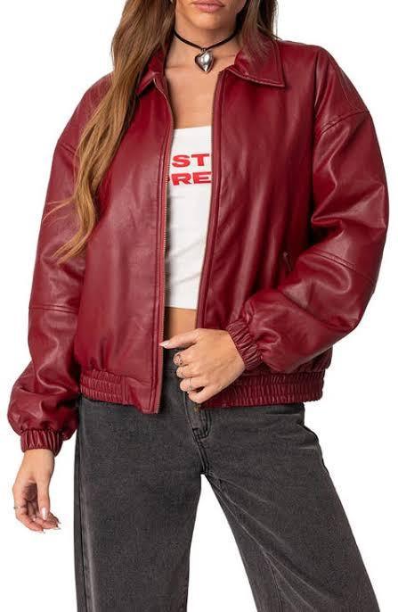 Burgundy Faux Leather Bomber Jacket | Oversized Streetwear – XOVRA
