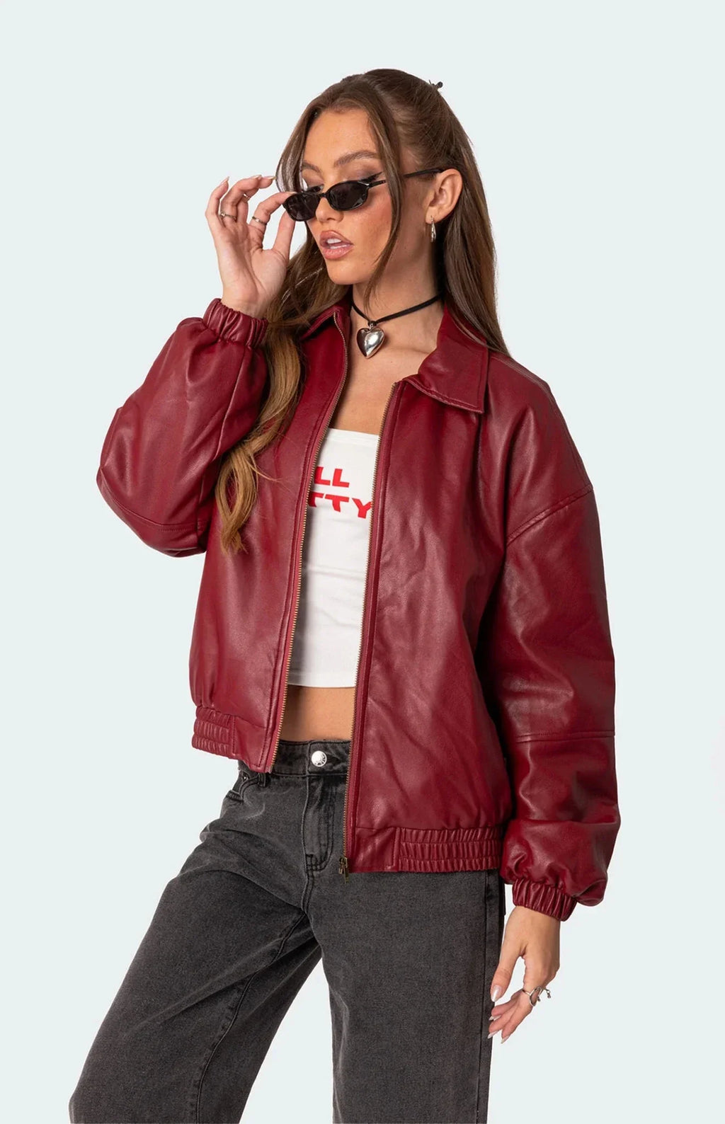 Burgundy Faux Leather Bomber Jacket | Oversized Streetwear – XOVRA