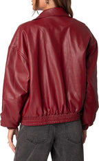 Burgundy Faux Leather Bomber Jacket | Oversized Streetwear – XOVRA