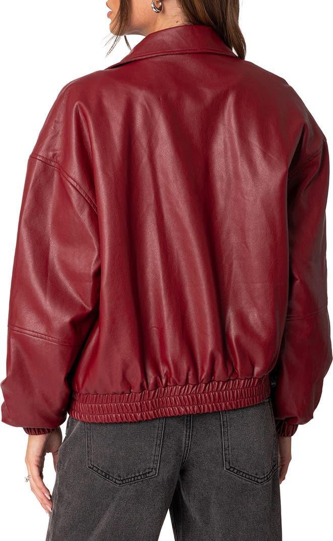 Burgundy Faux Leather Bomber Jacket | Oversized Streetwear – XOVRA