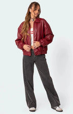 Burgundy Faux Leather Bomber Jacket | Oversized Streetwear – XOVRA