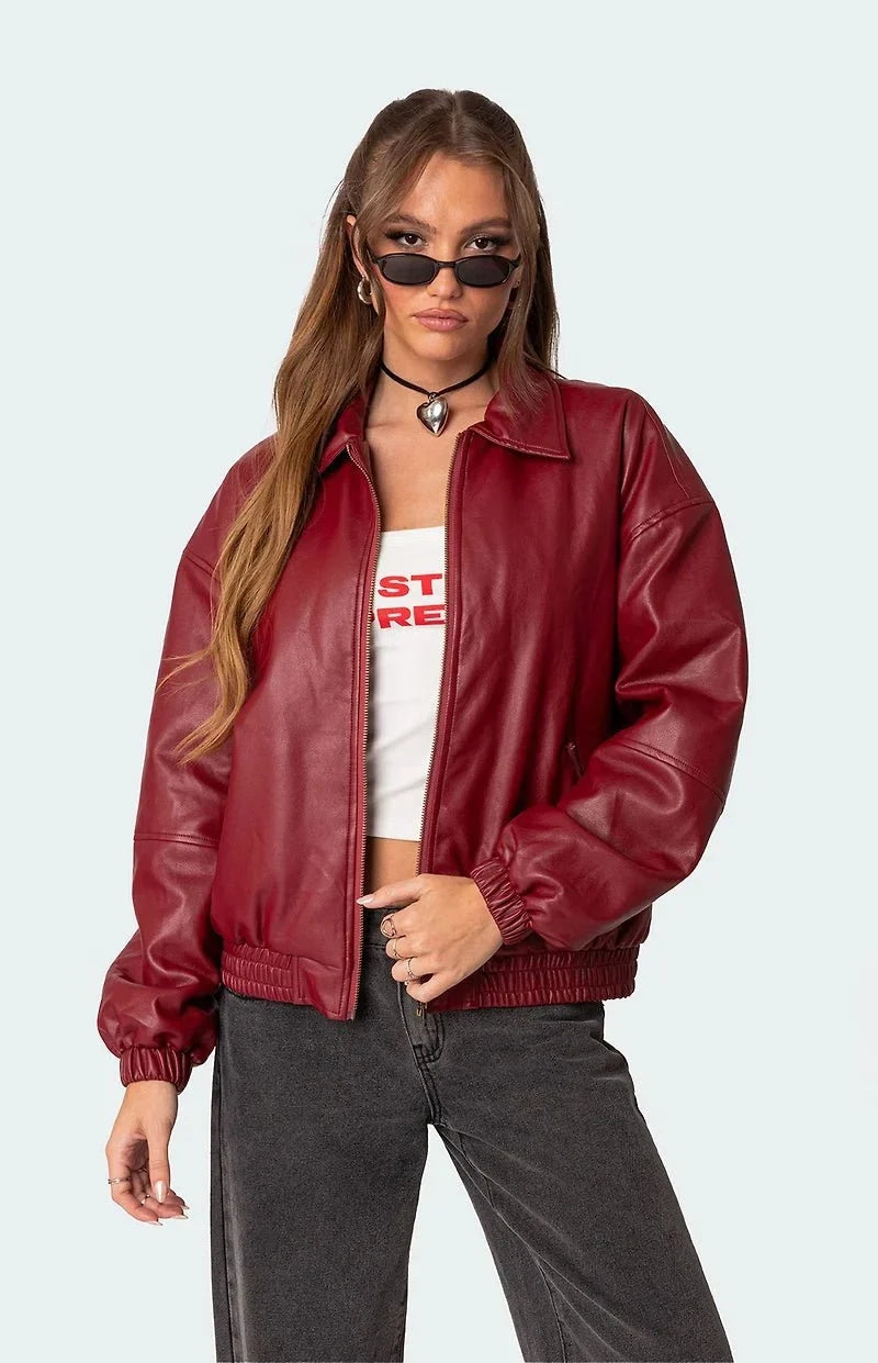 Burgundy Faux Leather Bomber Jacket | Oversized Streetwear – XOVRA