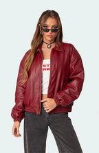 Burgundy Faux Leather Bomber Jacket | Oversized Streetwear – XOVRA