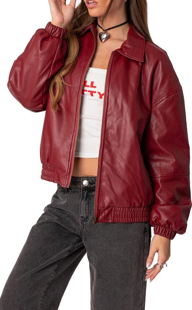 Burgundy Faux Leather Bomber Jacket | Oversized Streetwear – XOVRA