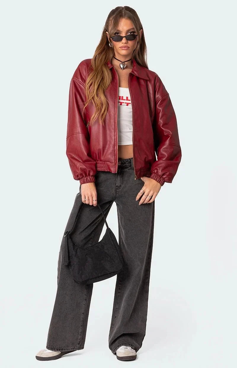 Burgundy Faux Leather Bomber Jacket | Oversized Streetwear – XOVRA