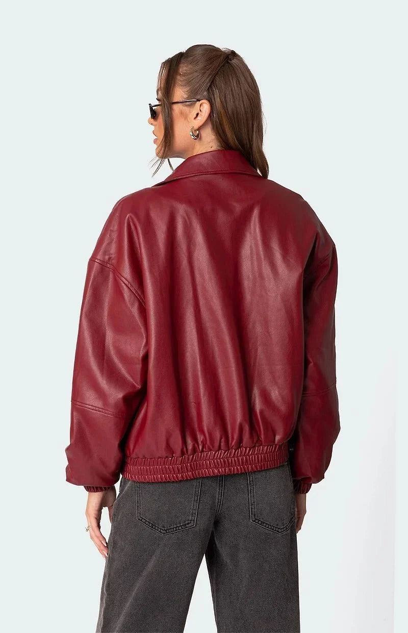 Burgundy Faux Leather Bomber Jacket | Oversized Streetwear – XOVRA