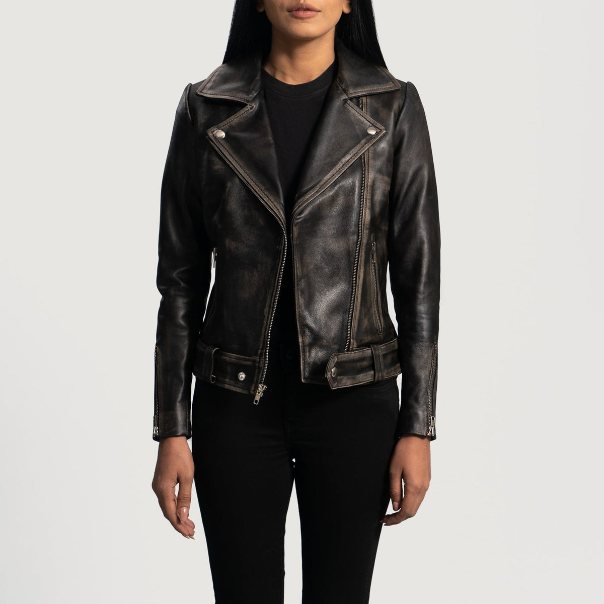 Women's Black Distressed Biker Leather Jacket