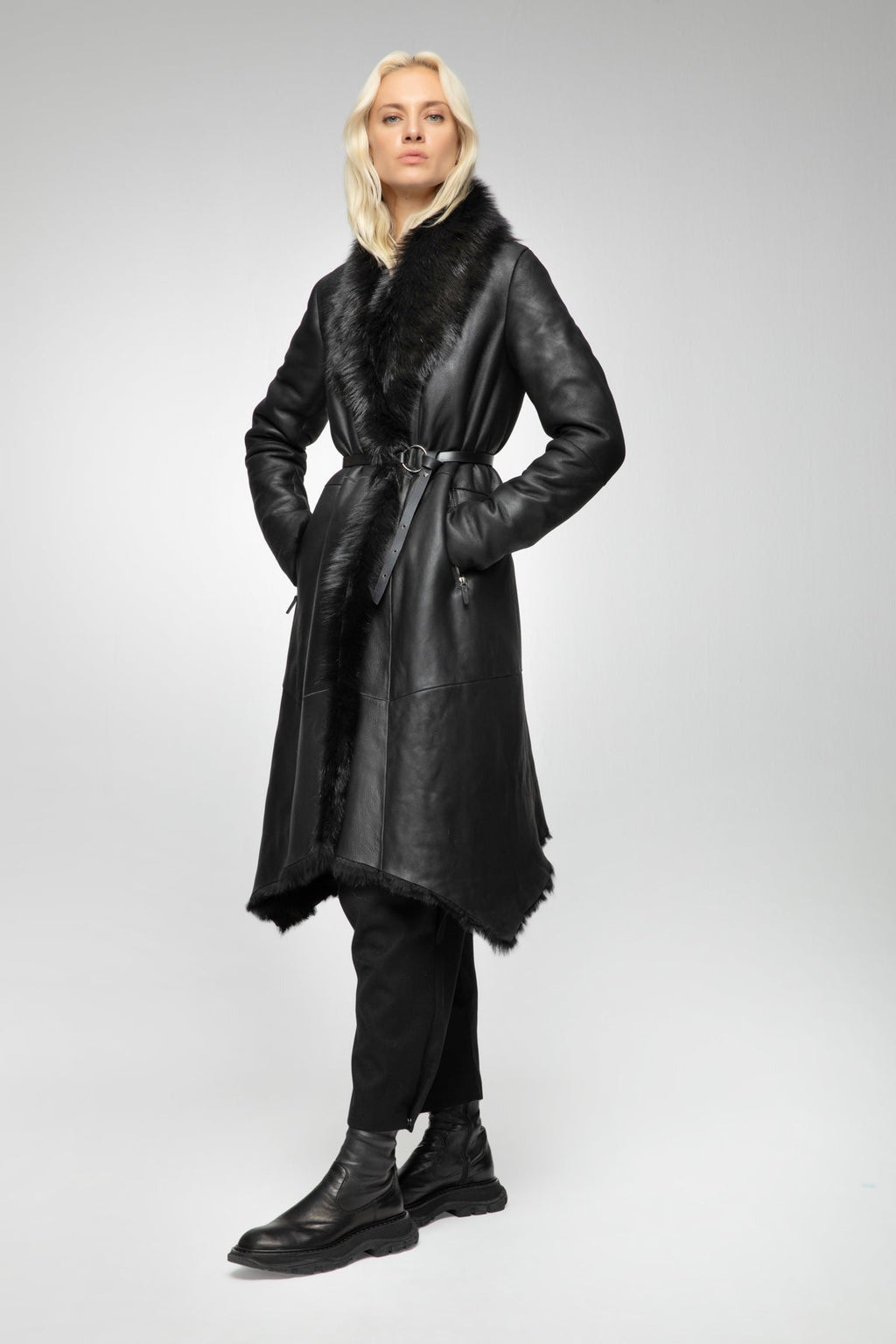 Women's Black Shearling Leather Trench Coat