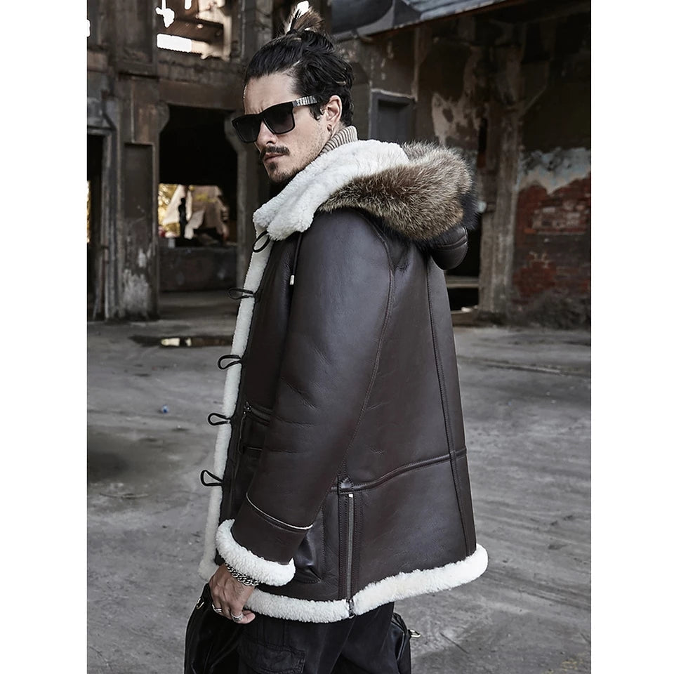 Men's Dark Brown Double-Sided Shearling Fur Leather Coat with Removable Hood