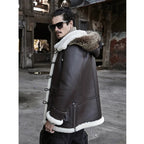 Men's Dark Brown Double-Sided Shearling Fur Leather Coat with Removable Hood