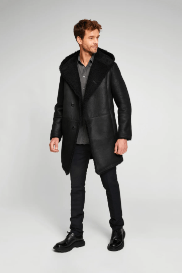 Men's Black Hooded Shearling Leather Coat - Warm & Stylish