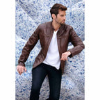 Mens Maroon Leather Biker Jacket Crew Neck
