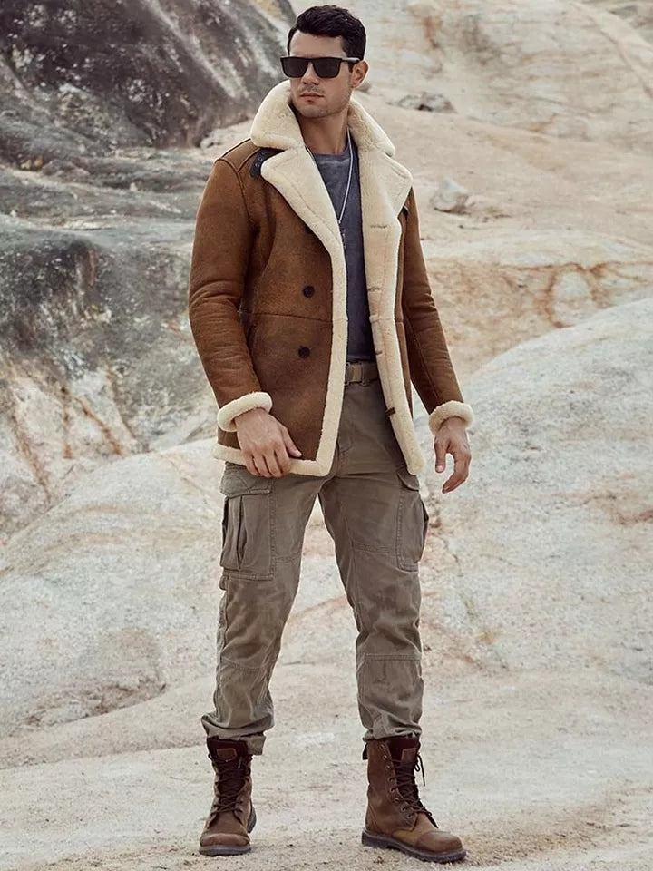 Men's Off-White B7 Bomber Sheepskin Leather Coat in Brown