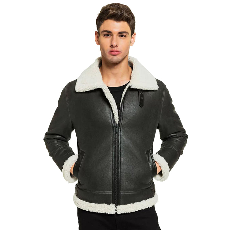 Men’s Black Leather White Shearling Jacket