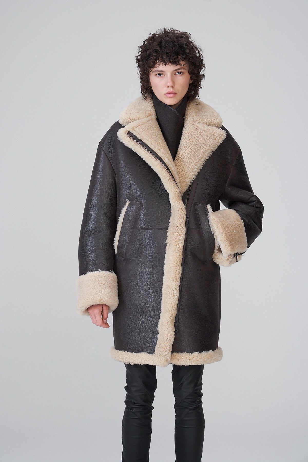 Women's Black B7 Shearling Leather Coat
