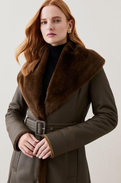 Women's Dark Brown Sheepskin Leather Trench Coat with Fur Collar
