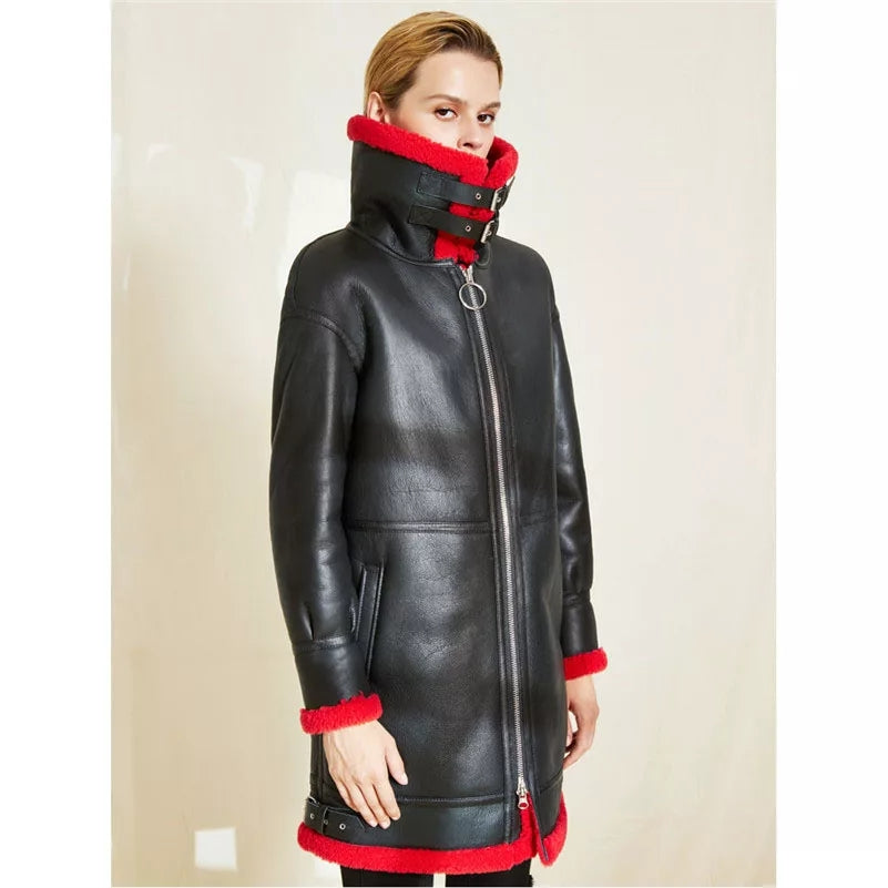 Women's Red Fur Sheepskin Leather Coat with Black Trim