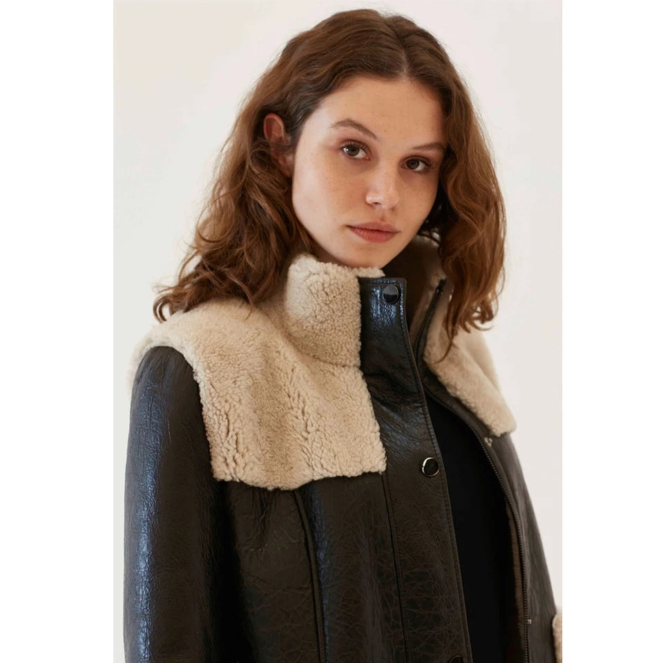 Women's Dark Brown Sheepskin Fur Leather Coat