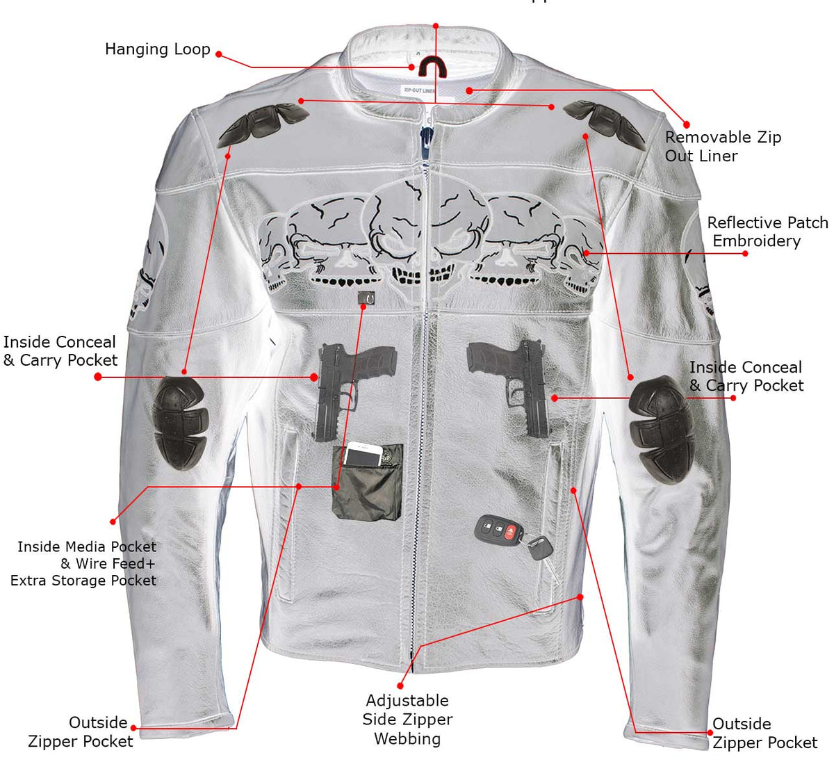 Milwaukee Leather LKM17011 Men's 3 Skull Head Premium Black Leather Motorcycle Jacket with CE Armor