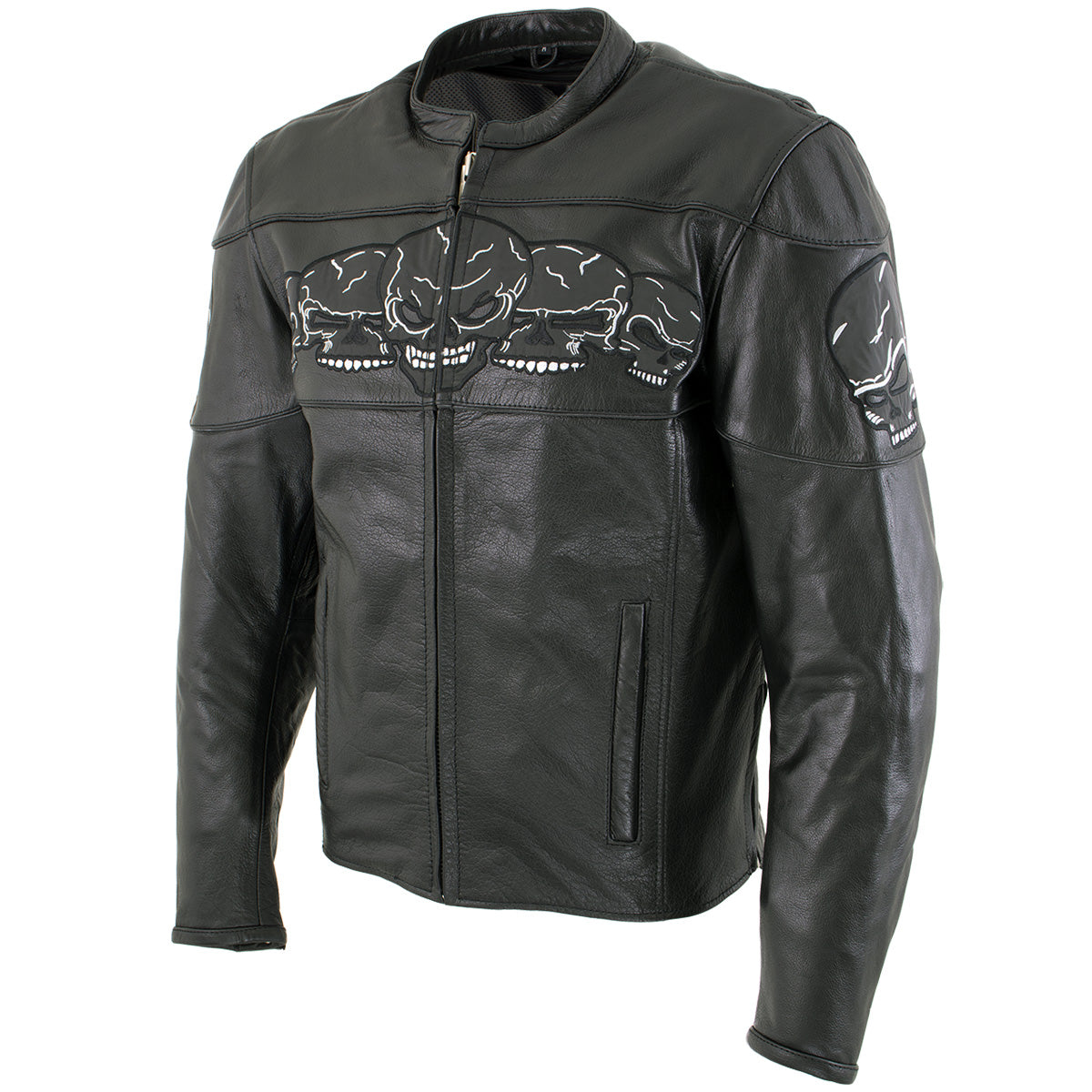 Milwaukee Leather LKM17011 Men's 3 Skull Head Premium Black Leather Motorcycle Jacket with CE Armor