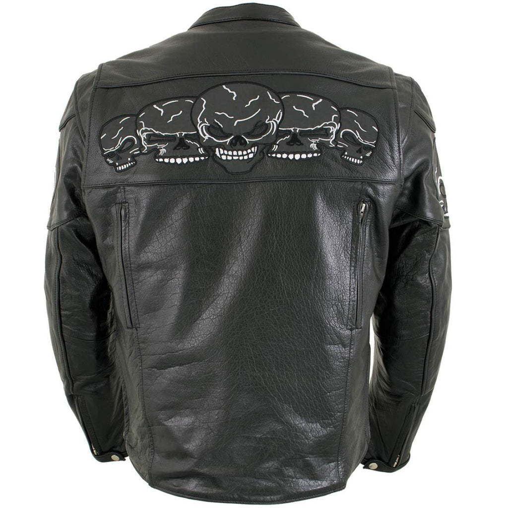 Milwaukee Leather LKM17011 Men's 3 Skull Head Premium Black Leather Motorcycle Jacket with CE Armor