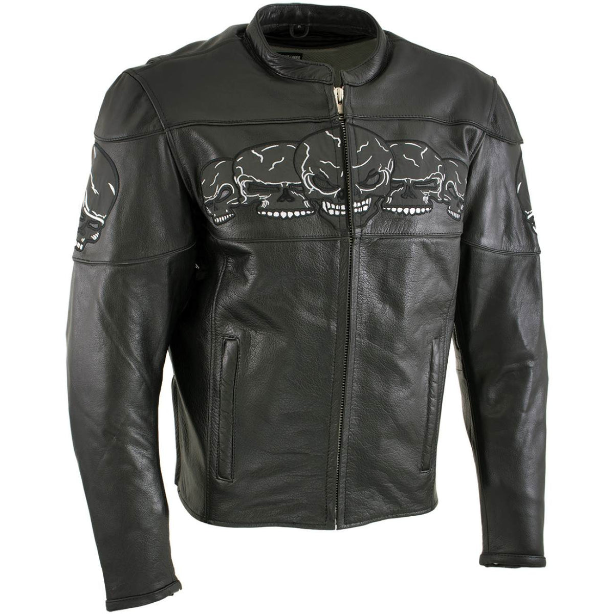 Milwaukee Leather LKM17011 Men's 3 Skull Head Premium Black Leather Motorcycle Jacket with CE Armor