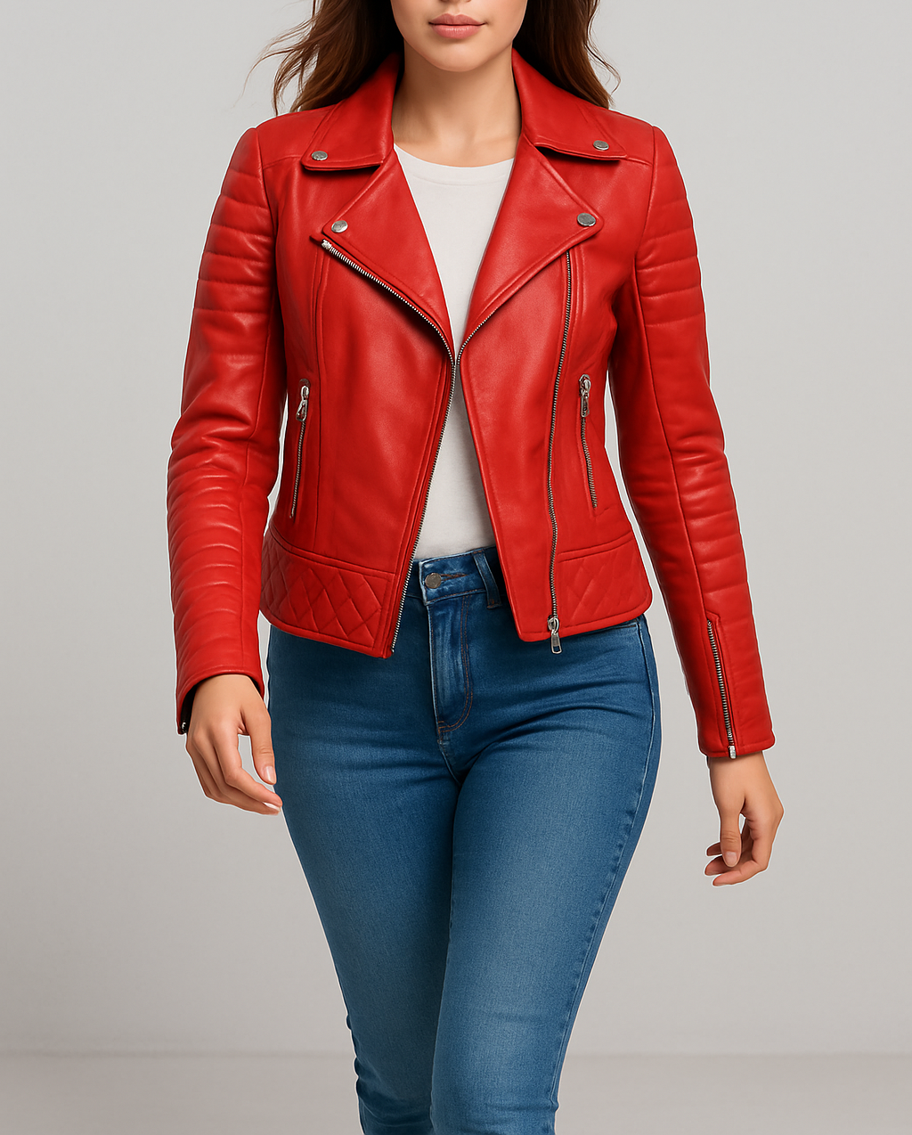 Women Quilted Red Biker Leather Jacket