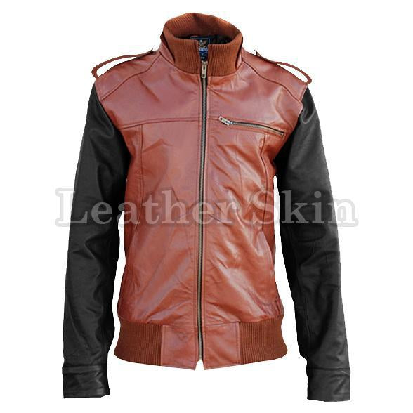 Leather Skin Brown Genuine Leather Jacket with Black Sleeves