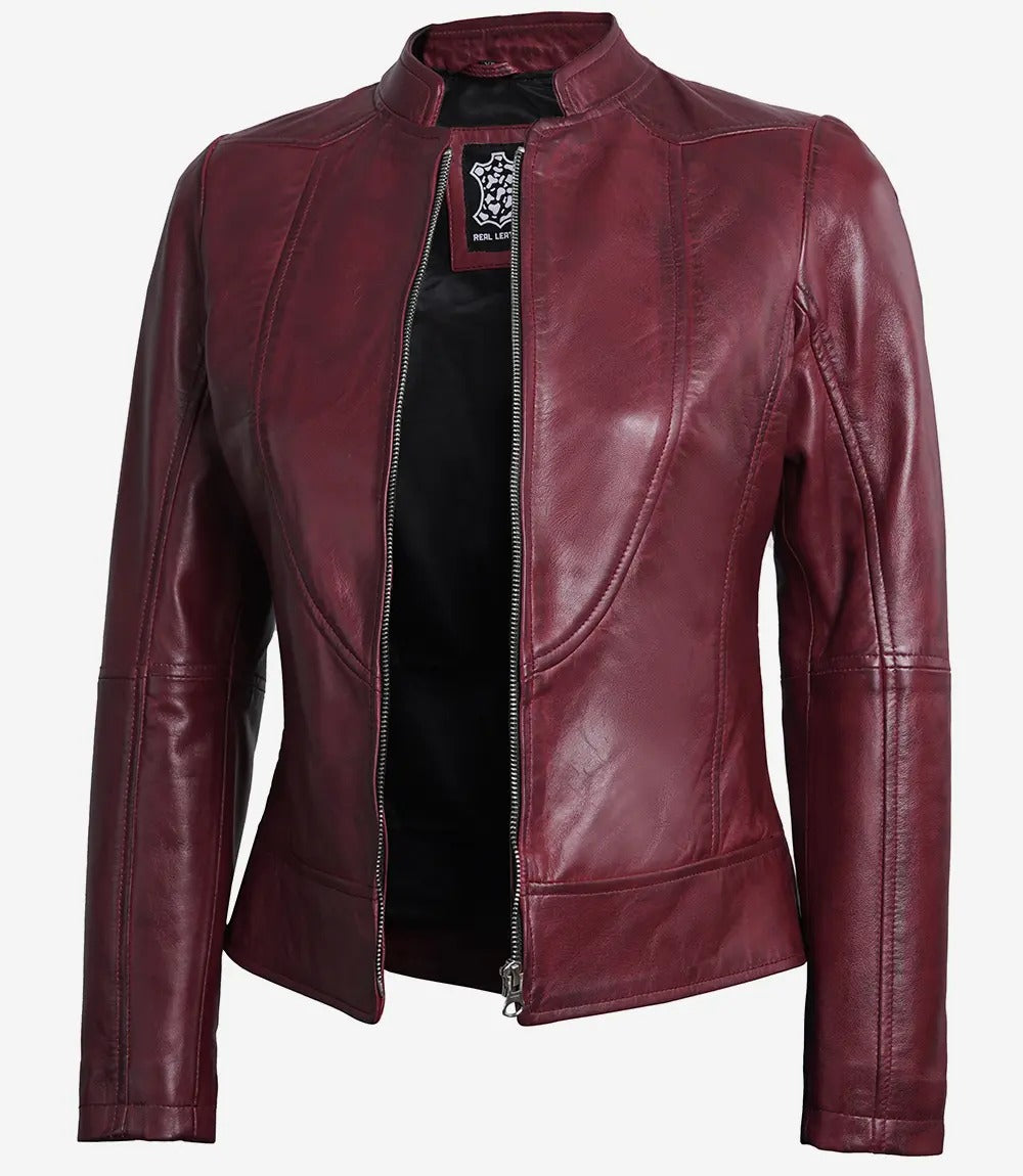 Women's Maroon Café Racer Leather Jacket Stylish & Slim Fit