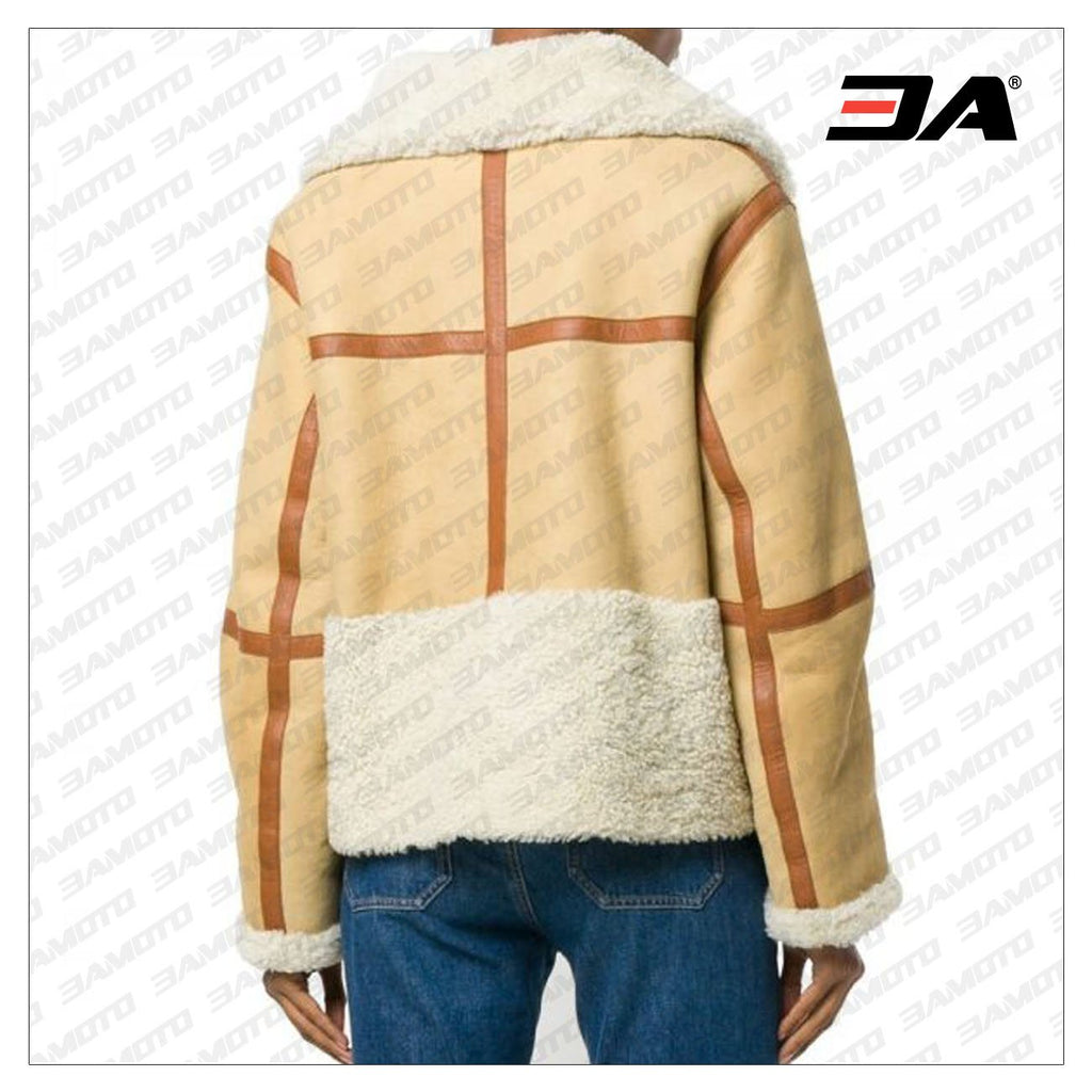 Camel Brown Oversized Zipped Aviator Fur Leather jacket