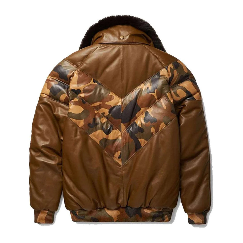 Goose Country Camo Leather V-Bomber Jacket with Fox Fur