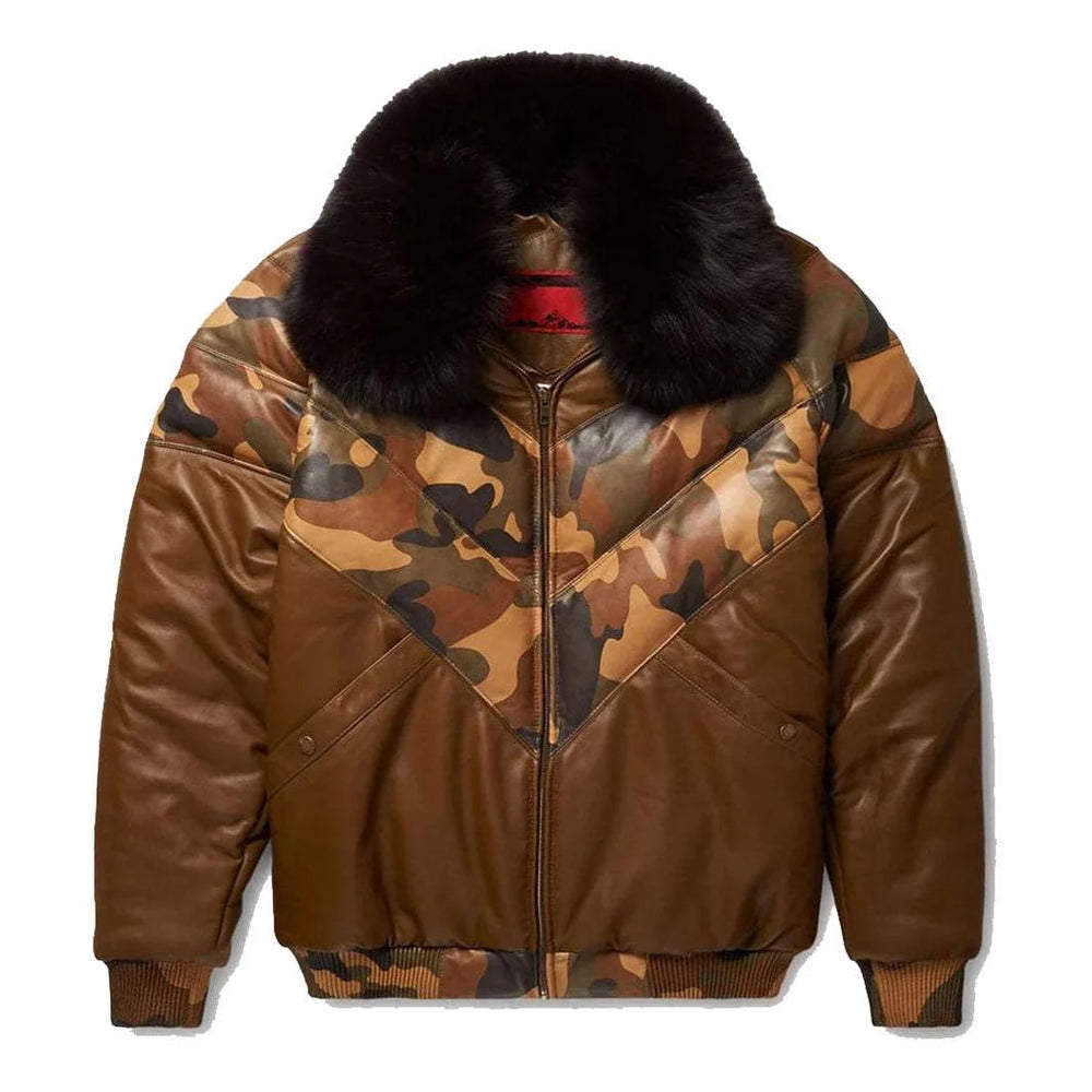 Goose Country Camo Leather V-Bomber Jacket with Fox Fur