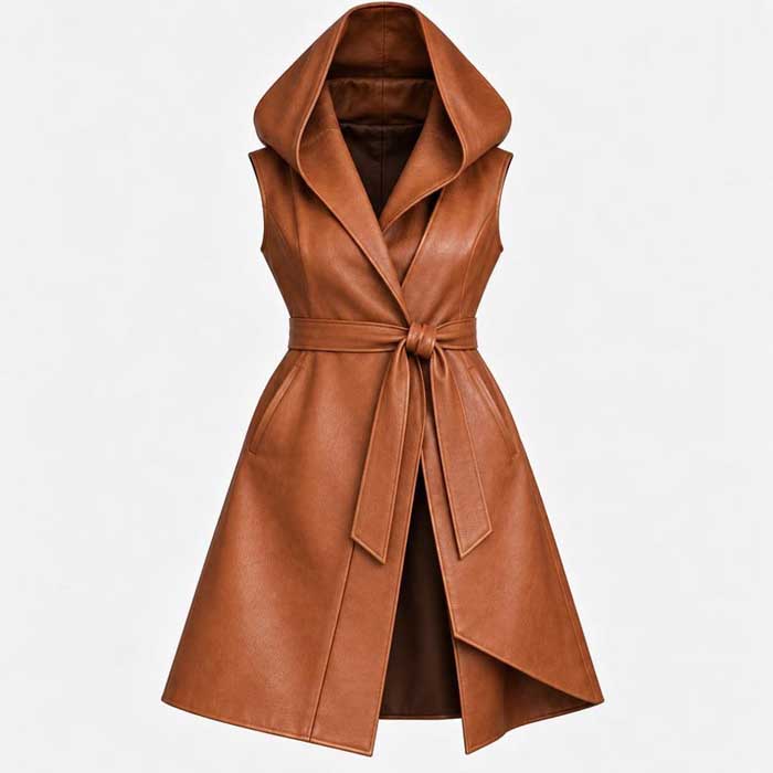 Caramel Brown Hooded Belted Leather Coat Vest for Women