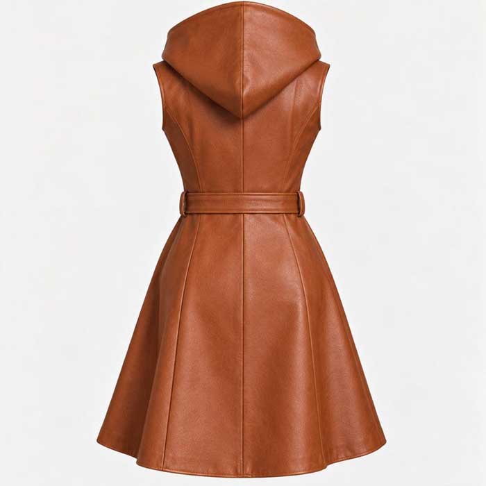 Caramel Brown Hooded Belted Leather Coat Vest for Women