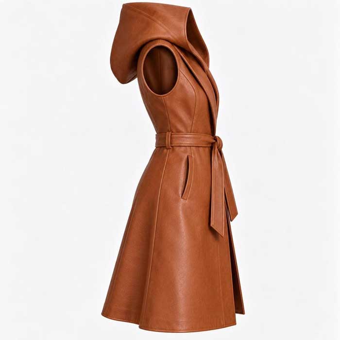 Caramel Brown Hooded Belted Leather Coat Vest for Women