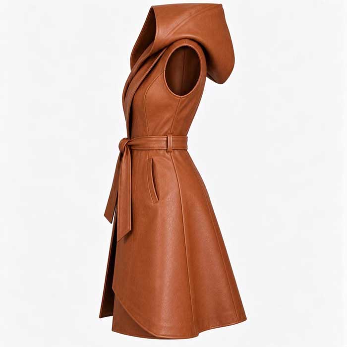 Caramel Brown Hooded Belted Leather Coat Vest for Women