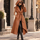 Caramel Brown Hooded Belted Leather Coat Vest for Women