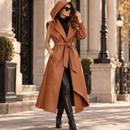 Caramel Brown Hooded Belted Leather Coat Vest for Women