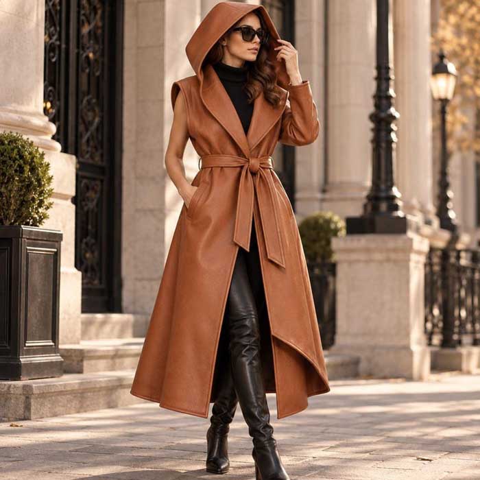 Caramel Brown Hooded Belted Leather Coat Vest for Women
