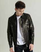 Black Vegetable Tanned Goatskin Leather Bomber Jacket